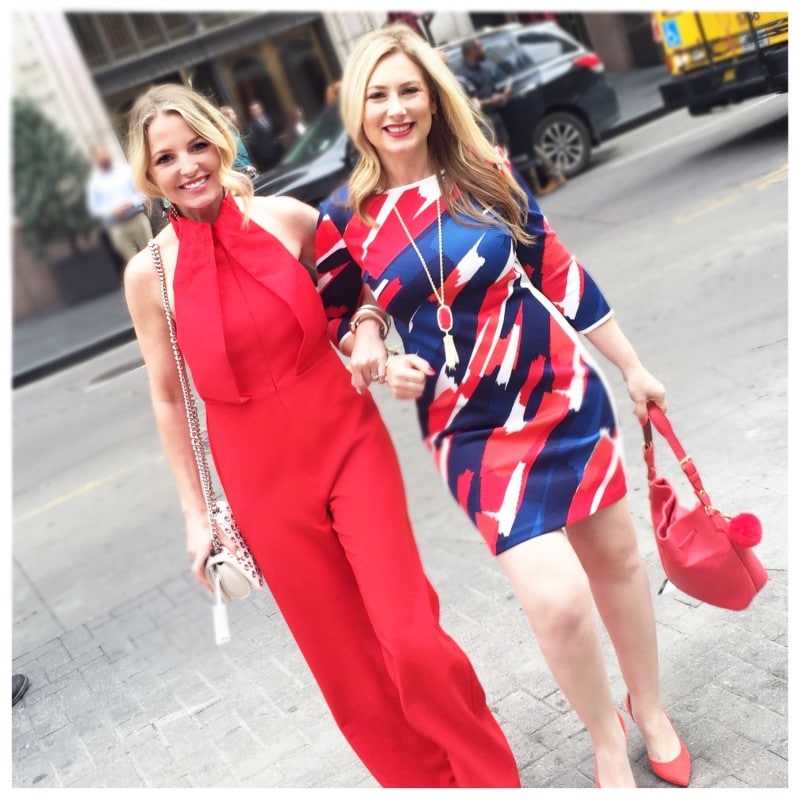Erin Busbee and Marnie Goldberg of MsGoldgirl in red outfits